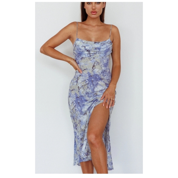 New Saints + Secrets Marbled Ruched Draped Cowl Bust Midi Slip Dress - Picture 2 of 15